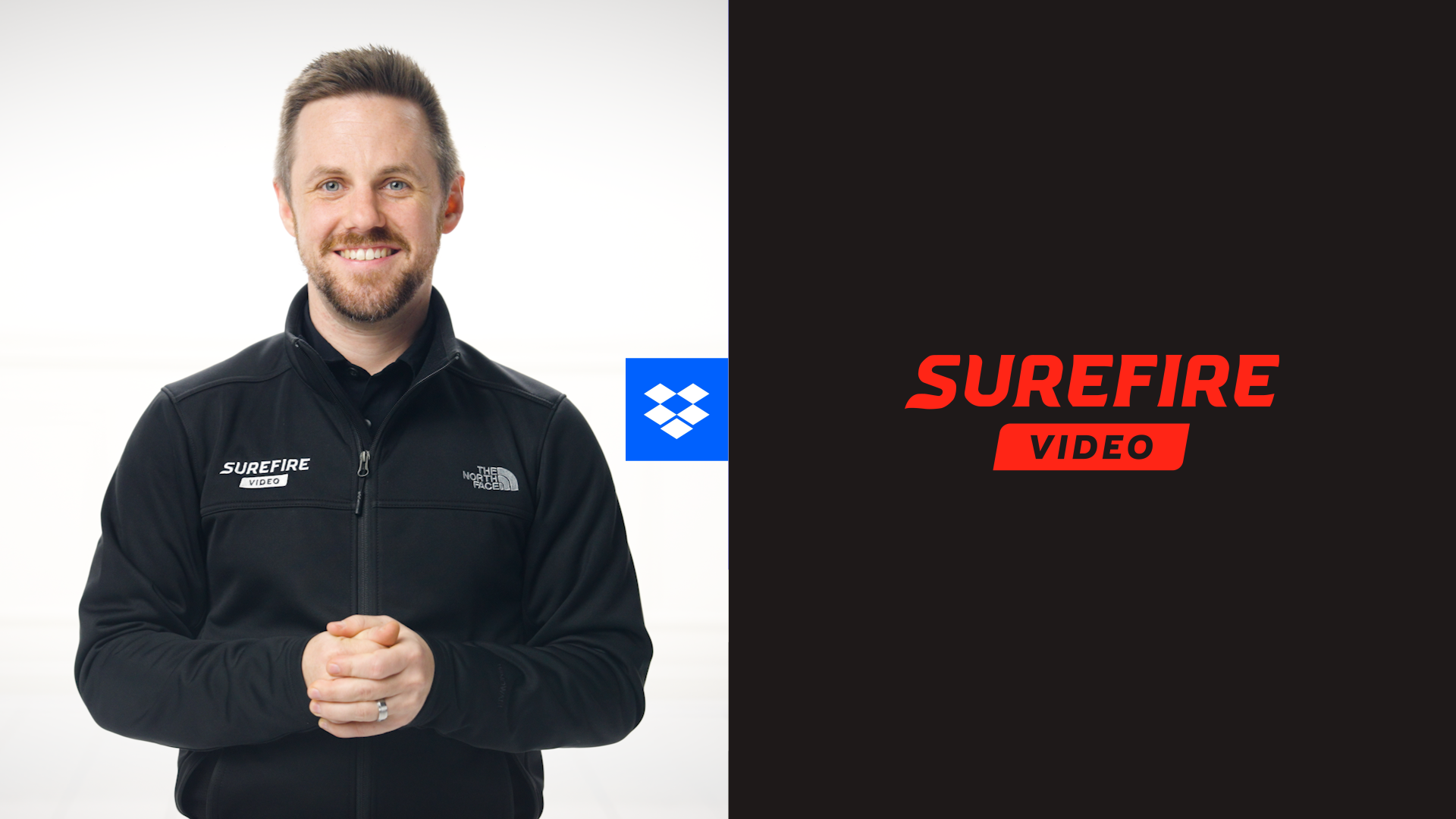Zach Yokum standing next to an image of Surefire Video logo in red